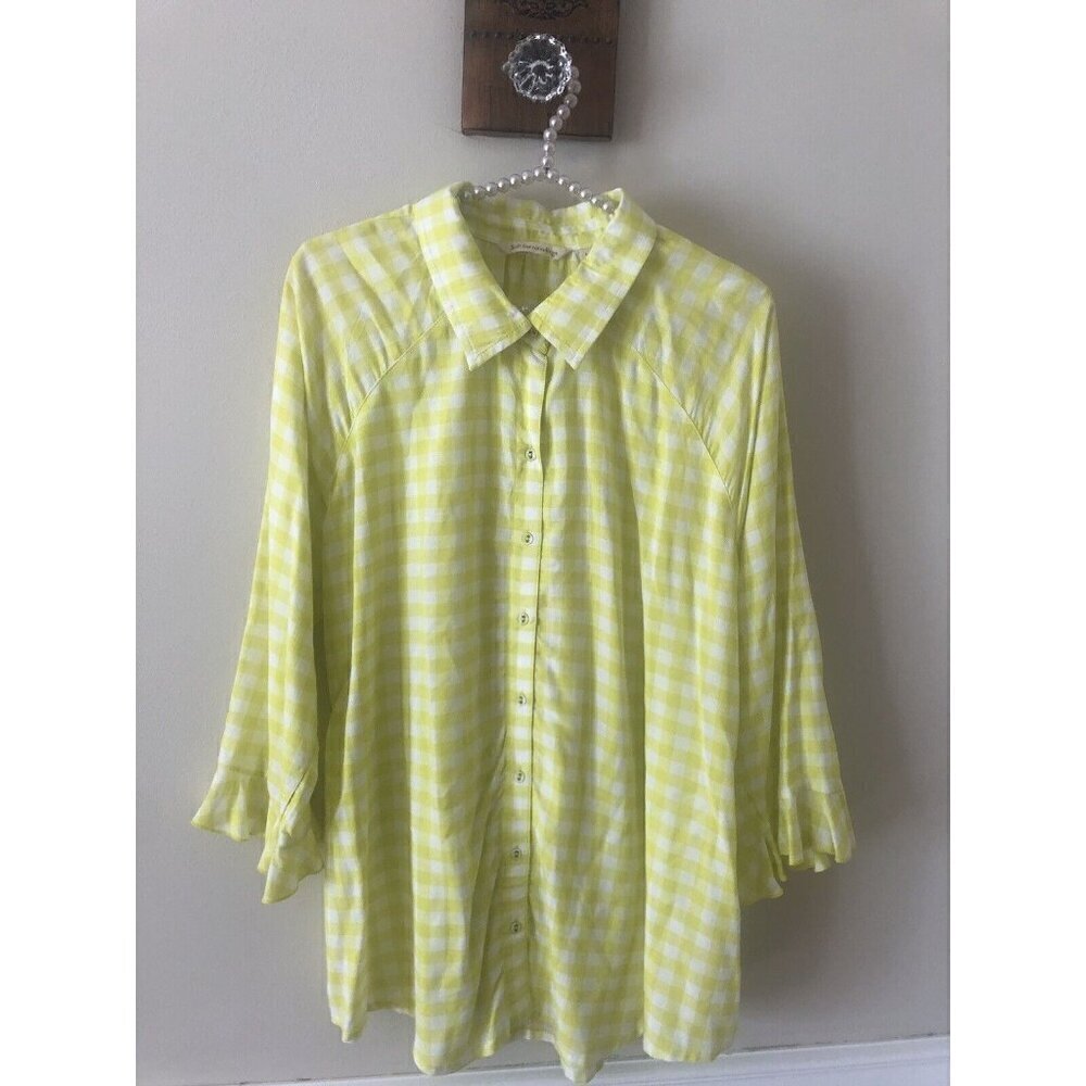NWOT Soft Surroundings Size L Yellow White Plaid Tunic Blouse Long Sleeve